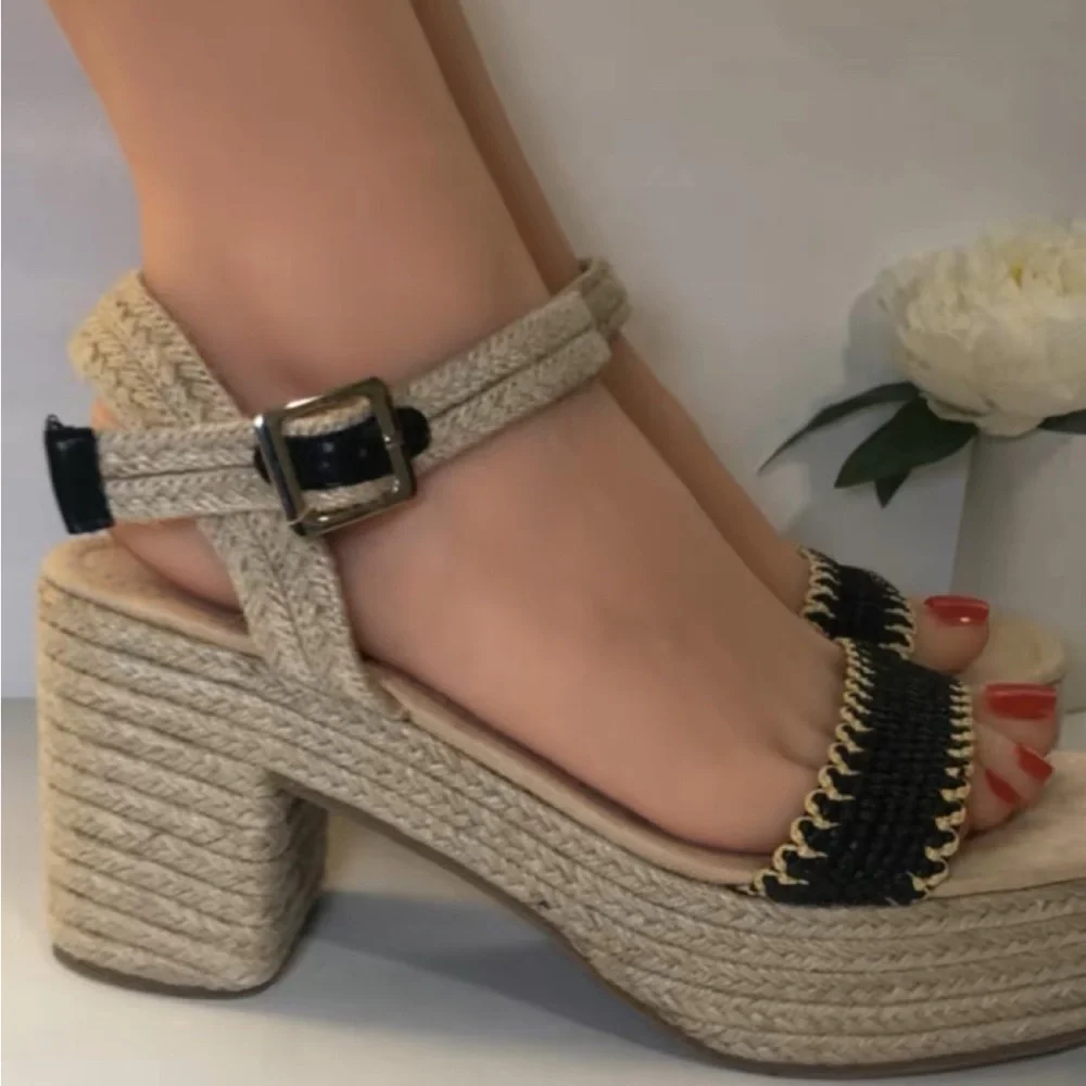 SALE🔥 SZ 11 Black Tan Cream Espadrille Boho Open Toe Chunky Platform Sandals